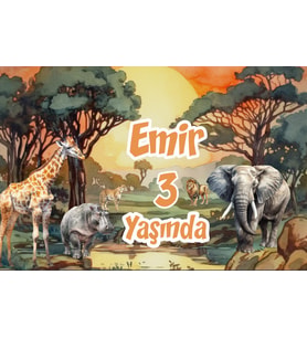 Safari Gün Batımı ve Hayvanlar Temalı Doğum Günü Afişi -1 50x70 cm