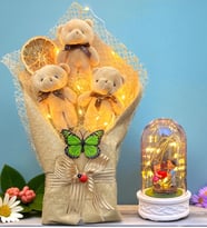 Büyük Boy Led Işıklı Peluş Ayıcık Buketi ve Led Işıklı Biblolu Fanus Hediye Seti (Model 4)