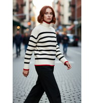 Kadın Oversize Dik Yaka Çizgili Triko Kazak Uzun Kollu Kışlık Rahat Basic Giyim Kaliteli Şık
