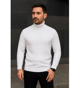 Erkek Balıkcı Yaka Bağazlı Triko Kazak Pamuklu Kalın Fitilli Dokuma, Regular Fit Uzun Kollu Kışlık M