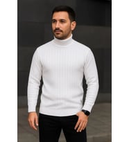 Erkek Balıkcı Yaka Bağazlı Triko Kazak Pamuklu Kalın Fitilli Dokuma, Regular Fit Uzun Kollu Kışlık M