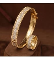 Gold Tam Tur Zirkon Taş Detaylı Şık Kelepçe Bileklik Yüzük Set