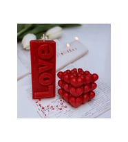 Romantik Tasarımlı Love Yazılı Mum ve Kalp Küp Mum Seti (Kırmızı)