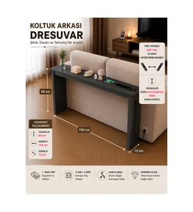 Café Royale Vintage & USB-Tech Konsol Raf - 3 USB + 4 Priz Girişli MDF Koltuk Arkası Raf Antrasit 150x85x12