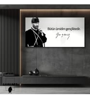 Panoramik Kanvas Makam Panosu Siyah Beyaz Atatürk Bütün ümidim gençliktedir.