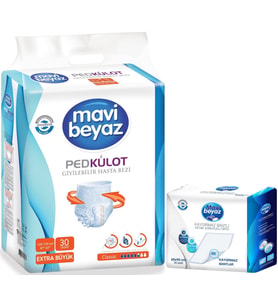 Mavi Beyaz Ped Emici Külot Hasta Bezi XL-Ekstra Büyük 30 Adet + Yatak Koruyucu Örtü 60*90CM 30 Adet