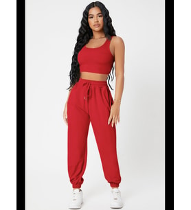 Fantezia Night Kadın Siyah Kaşkorse Cepli Jogger Eşofman Altı ve Crop Top Bluz