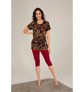 MyBen Kadın Bordo Renkli Leopar Desenli Tunik Ve Taytlı Pijama Slmky01
