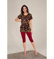 MyBen Kadın Bordo Renkli Leopar Desenli Tunik Ve Taytlı Pijama Slmky01
