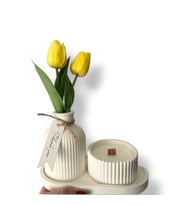Kokulu Soya wax Mum ve Çizgili Vazo Seti  Dekoratif Beyaz Kombin