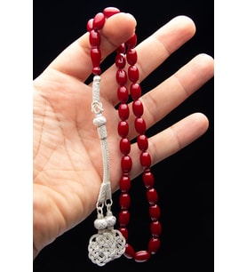 1000 Ayar Gümüş Kazaz Püsküllü 7x11mm Osmanlı Benzetme Sıkma Kehribar Tesbih (Çok Renkli)