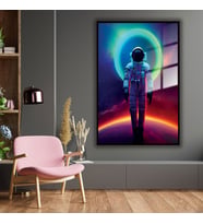 Metal Çerçeveli Temperli Cam Tablo  Neon Renkli Uzay ve Astronot (Siyah)