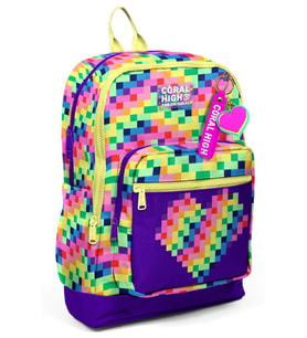 Coral High Kız Çocuk Mor Piksel Kalp Desenli İlkokul Sırt Çantası (Dört Bölme) 33208