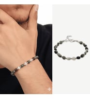 Gümüş Renk Metal Zincirli Dorika Top Süslemeli Amorf Şahin Gözü Doğaltaş Erkek Bileklik