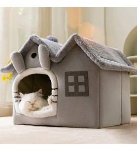 Kedi Evi Yumuşak Kedi Yatağı Derin Uyku Ve Kış Evi Çıkarılabilir Minder -villa 1adet (GRİ KÜÇÜK BOY)