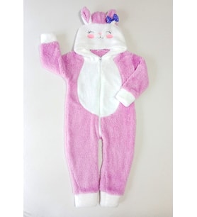Kız Bebek Kedili Fiyonklu Yumuşacık Peluş Tulum (Lila)