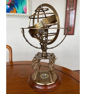 El Yapımı Ahşap Kaideli Tamamı Pirinçten Özel Üretim Retro Horoskop Küre Pusulalı