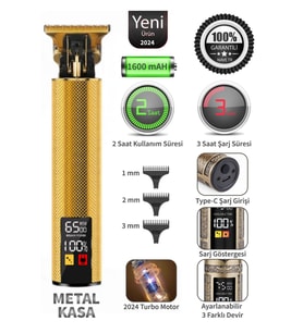 gold tech Led Ekranlı Çelik Kasa Profesyonel T-bıçak Saç Sakal, Ense Çizim Tıraş Makinesi