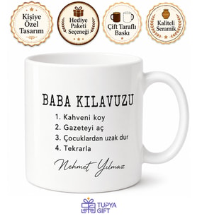 Baba Kılavuzu Yazılı Esprili Tasarım Kupa Bardak Babalar Günü Hediye