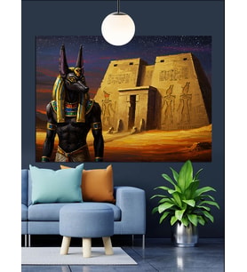 Mısır Tapınağı Önünde Anubis Dekoratif Kanvas - Mdf Ahşap Tablo