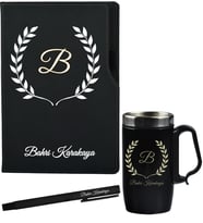 Kişiye Özel Arkadaşa Hediye Siyah Defter Termos - Mug ve Roller Kalem Hediye Seti