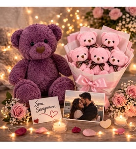 Sevgiliye Romantik Hediye Peluş Ayıcık ve Ayıcık Buketi Sürpriz Hediye