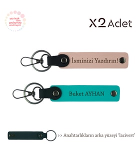 Öğrenciye Doğum Günü Hediyesi, İsim Yazılı 2’li Anahtarlık Seti, Yavru Ağzı-Koyu Turkuaz-Lacivert