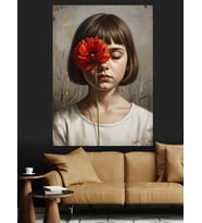 Gözü Kapalı Kırmızı Çiçekli Kız  Dekoratif Kanvas - Mdf Ahşap Tablo