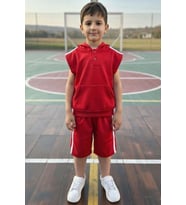 Erkek Çocuk Bisiklet Yaka T-shirt,Kanguru Cepli Kolsuz Sweathirt Şerit Detaylı K (Kırmızı)