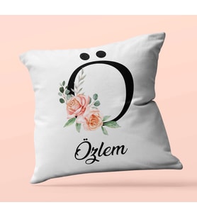 Kişiye Özel Ö Harfi Temalı Gül Tasarım Saten Kare Yastık (Beyaz)