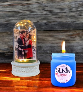 Kişiye Özel Hediye Seti  Fotoğraflı Led Işıklı Fanus ve Kokulu Mum (Mavi)