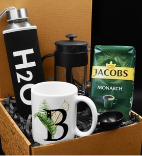 Özel Kılıflı Cam Şişe Matara & Kişiye Özel Kupa & French Press & 250 Gram Jacobs Filtre Kahve Hediye Seti