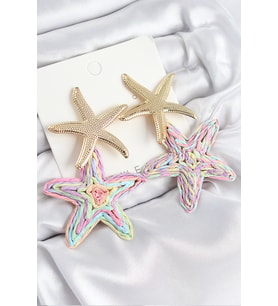 Pirinç Sallantılı Rainbow Deniz Yıldızı Model Gold Renk Hasır Küpe 5886 - HEP-1563-4630
