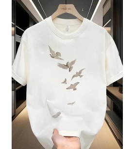 ERKEK Bisiklet yaka Tişört Özgür kuşlar Baskılı kısa kol T-shirt - Beyaz
