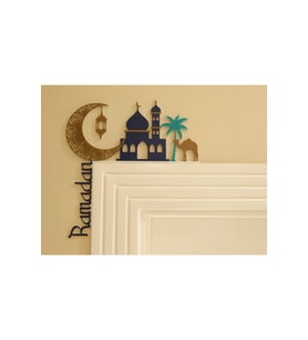 Ramadan Kapı Üstü Dekoru Gold Detaylı Hilal, Cami ve Deve Figürlü Ramazan Süsü