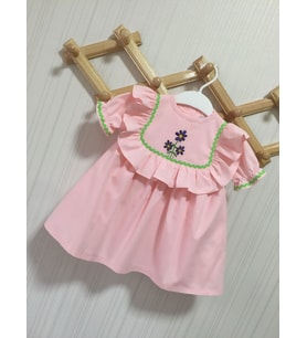 Toz Pembe Nakış Ve Su Taşı Detaylı Kız Çocuk Bebek Cici Elbise