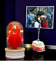 Kişiye Özel Fotoğraflı Set  Led Işıklı Fanus ve Kırmızı Vosvos Tasarımlı Fotoğraf Tutucu (Model 6)