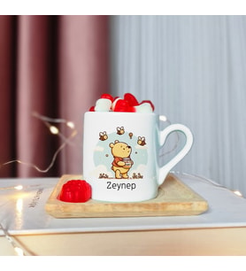 Winnie Pooh Tasarımlı Ahşap Tabaklı Kişiye Özel Türk Kahvesi Fincanı
