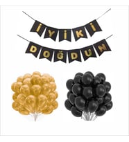 SİYAH-GOLD BALON+BANNER SETİ