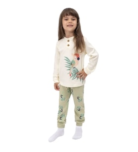 Kız Çocuk Bej Papağan Baskılı 2'li Pijama Takımı