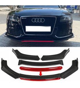 Audi A4 B8 Kırmızı Renkli Şeritli Dilli Ön Lip 4 Prç Parlak Siyah ABS