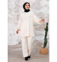 Püskül Kol Tunik Pantolon İkili Triko Takım 1234 - Ekru