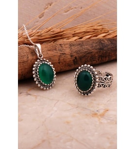 Yeşil Akik Taşlı Telkari Elişi Oval Gümüş İkili Set 2757
