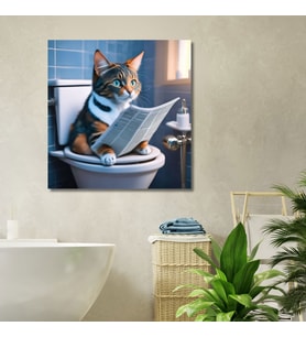 Tekli Kare Kanvas Banyo Tablosu Gazete Okuyan Calico Kedi
