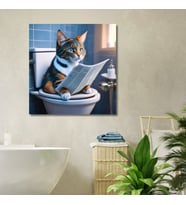 Tekli Kare Kanvas Banyo Tablosu Gazete Okuyan Calico Kedi