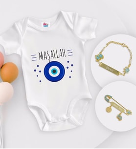 BK Kids Kişiye Özel Maşallah Tasarımlı Beyaz Bebek Body Zıbın Erkek Bebek Künyesi ve İğnesi Hediye Seti-1