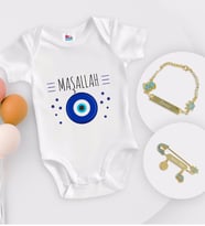 BK Kids Kişiye Özel Maşallah Tasarımlı Beyaz Bebek Body Zıbın Erkek Bebek Künyesi ve İğnesi Hediye Seti-1