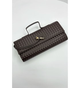 Kahverengi Örgü Desenli Kadın El Ve Omuz Çantası - Askılı Portföy Clutch Çanta