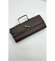 Kahverengi Örgü Desenli Kadın El Ve Omuz Çantası - Askılı Portföy Clutch Çanta
