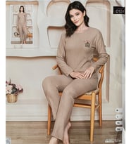 Kadın Mevsimlik Uzun Kollu Fitilli Pijama Takımı Kahverengi